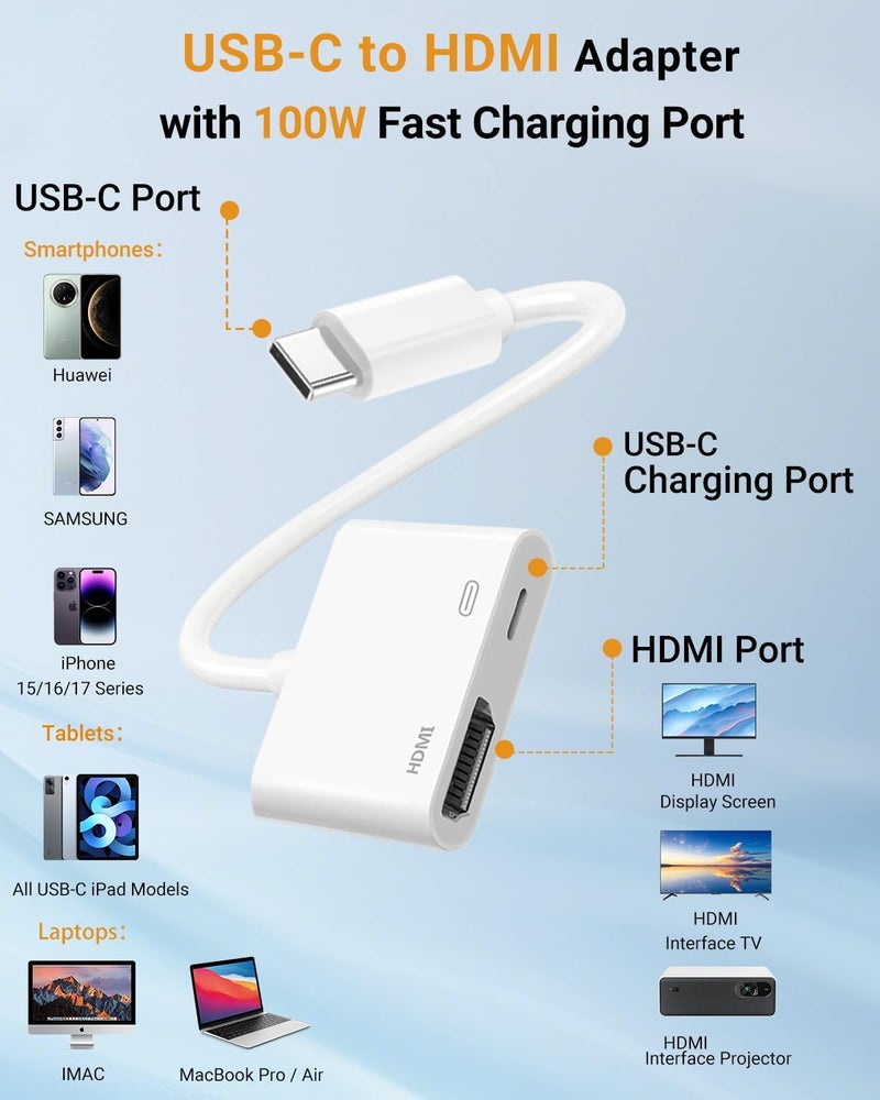 Microwoo USB C to HDMI Adapter, Type C to 4K HDMI Adapter with 100W PD Multiport Digital AV Converter for MacBook Pro/air, iPad Pro/air, iPhone 15/16/17, Tablets, Switch and More USB-C Devices - Image 1